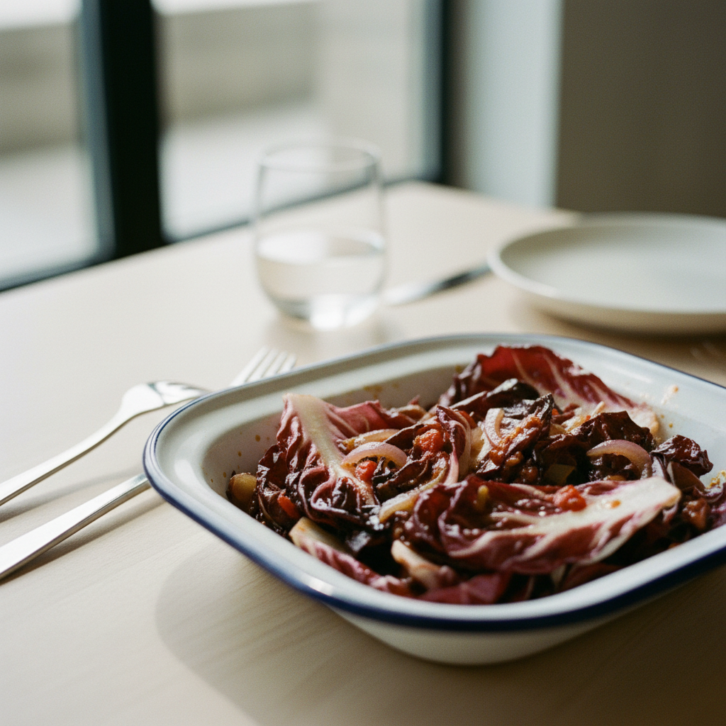 Radicchio met ansjovis, ui en harissa