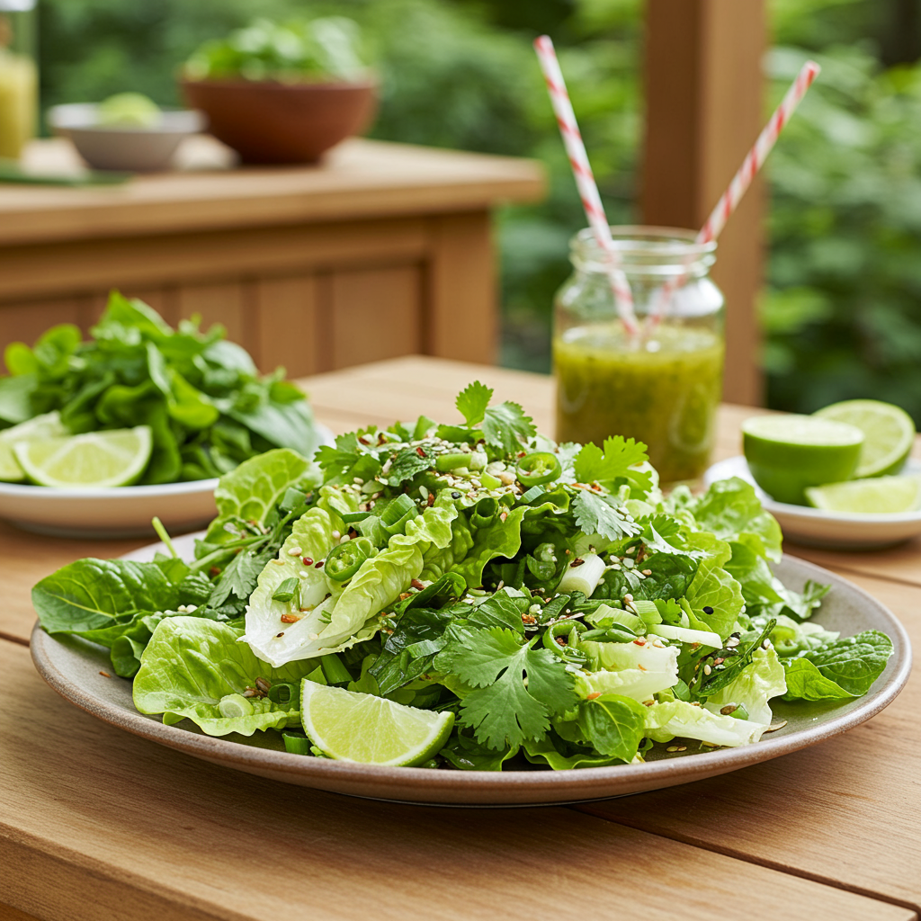 Gem- en kruidensalade met maple, limoen en sesamdressing