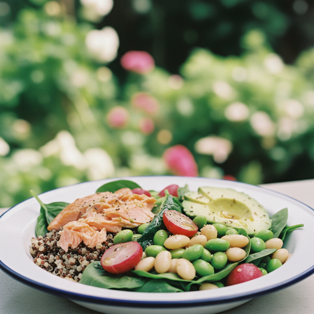 Pokebowl deluxe met zalm, quinoa en radijsjes