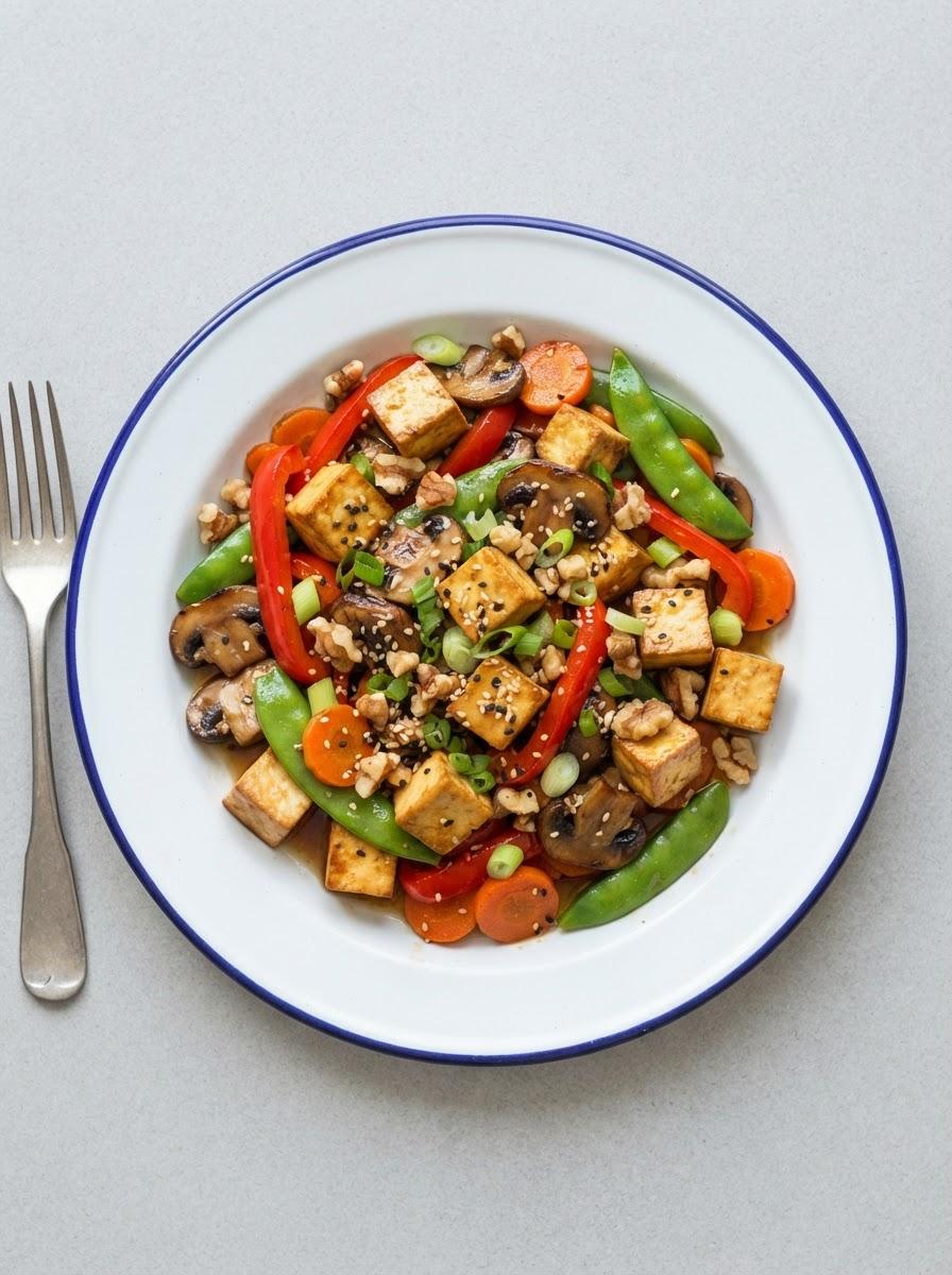 Vegetarische wokschotel met paddenstoelen en tofu