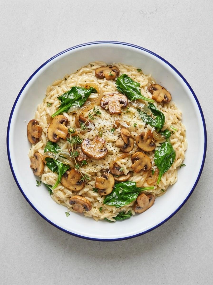 Vegetarische orzo met paddenstoelen en spinazie