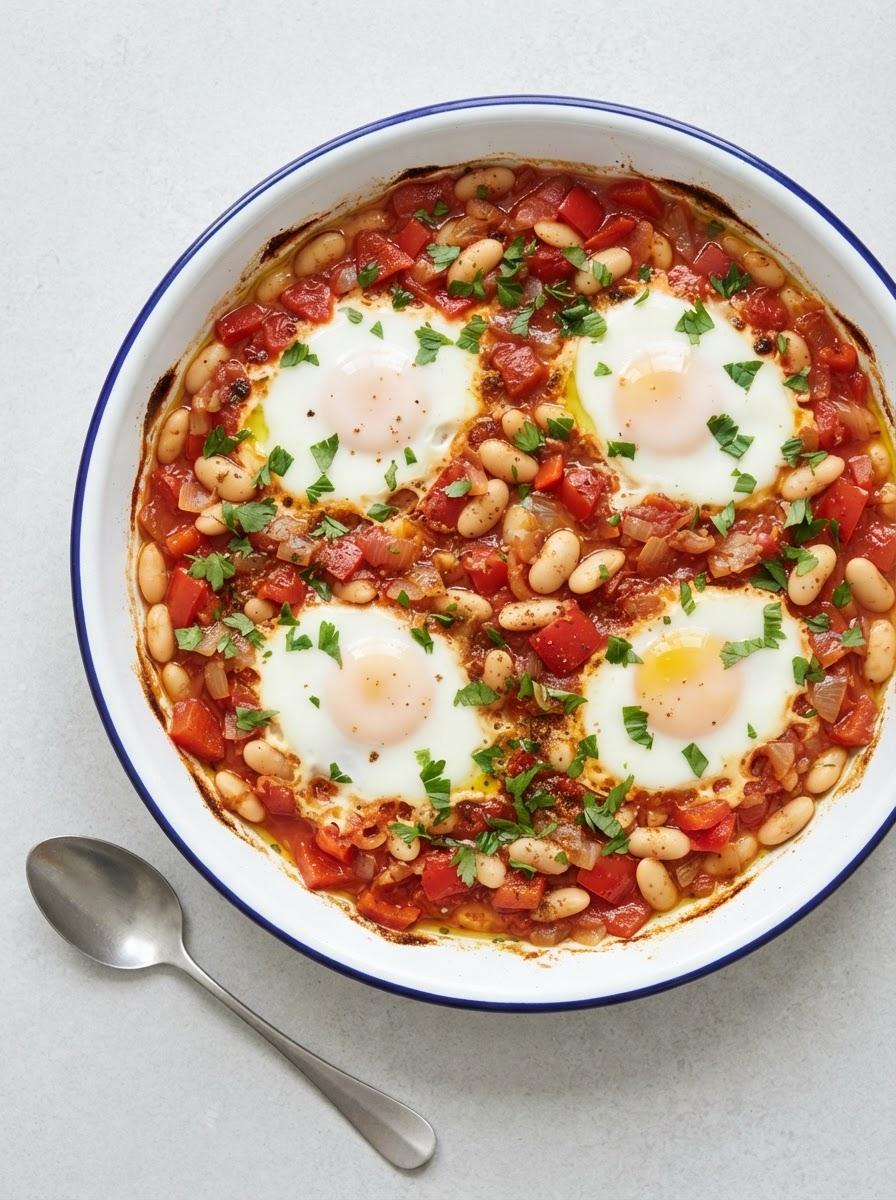 Eiwitrijke shakshuka met witte bonen en eieren