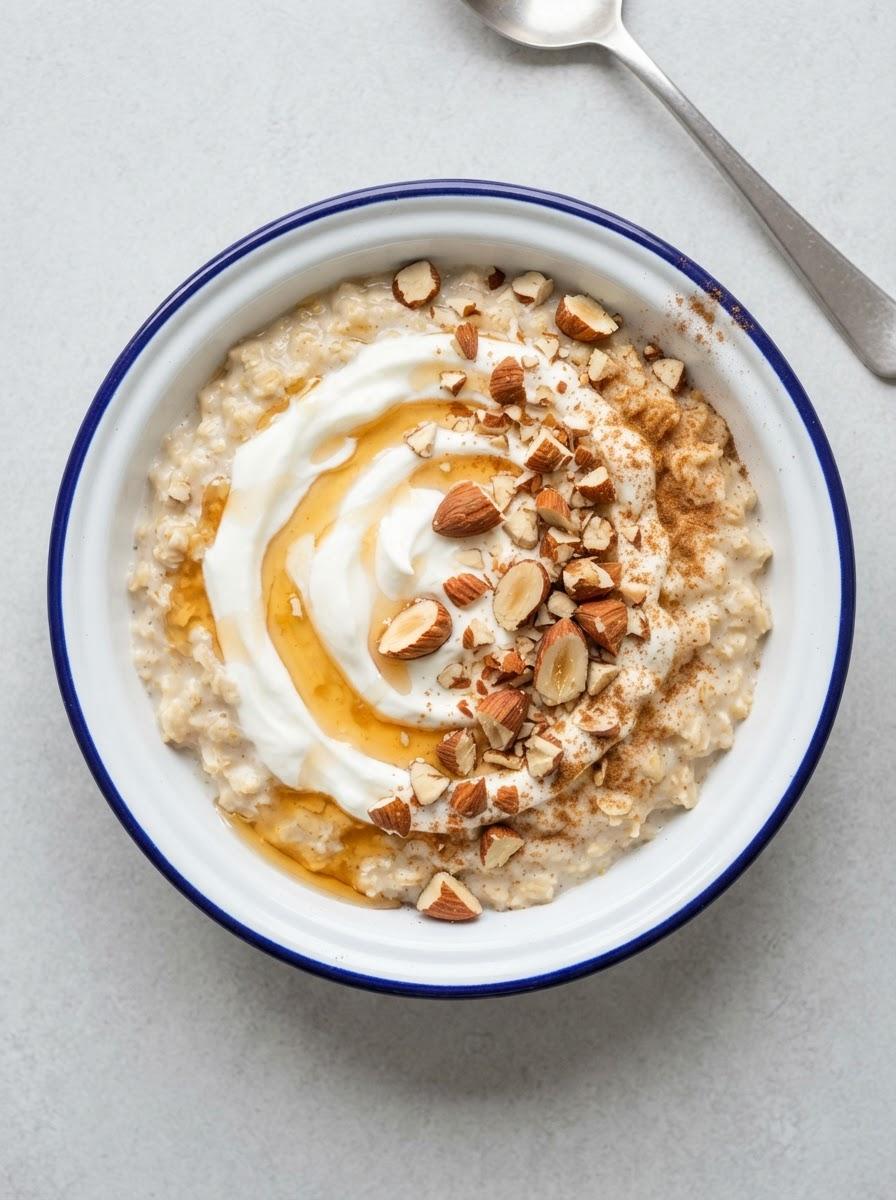 Eiwitrijke havermout met Griekse yoghurt en amandelen