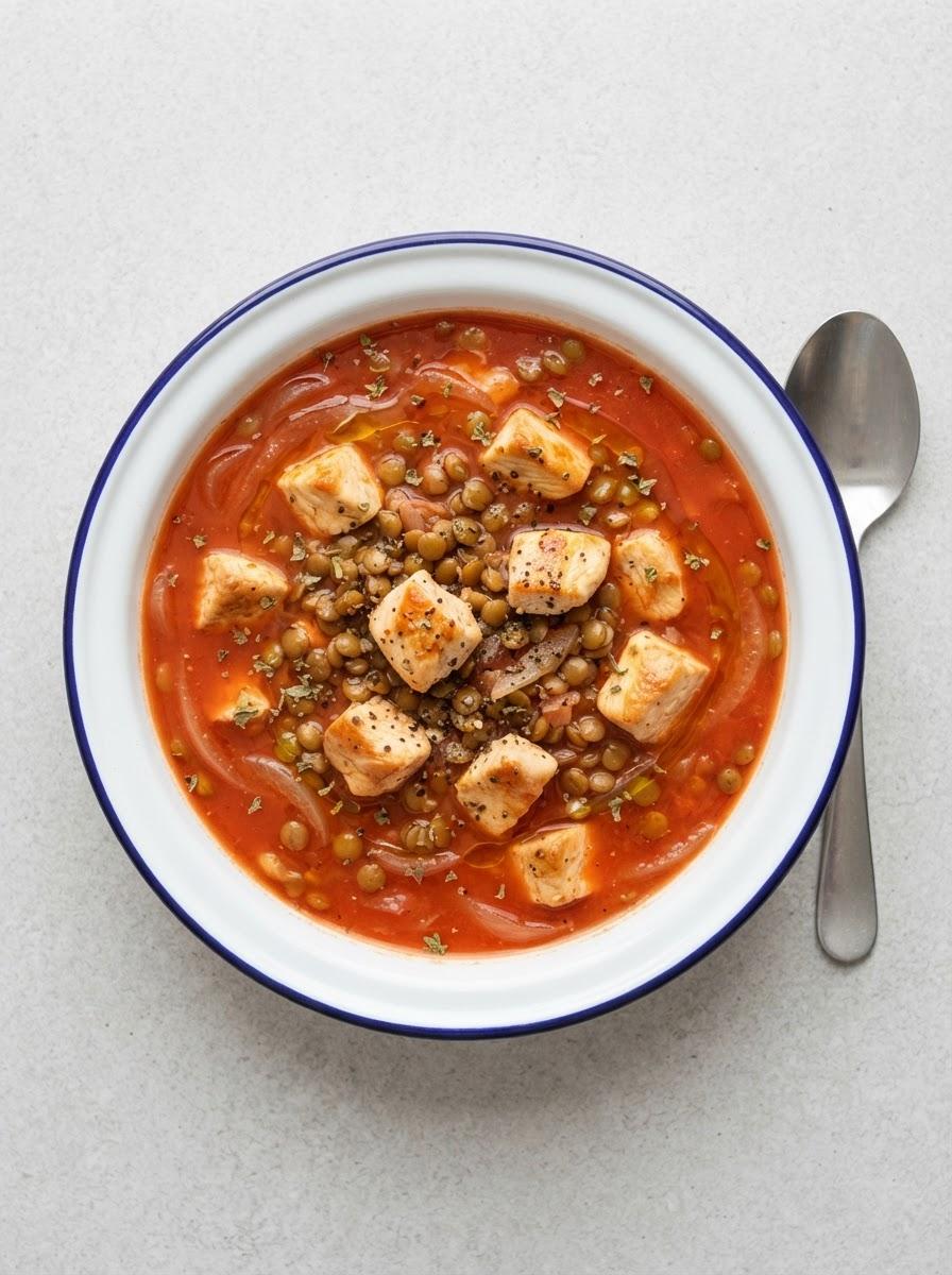 Eiwitrijke tomatensoep met kip en linzen