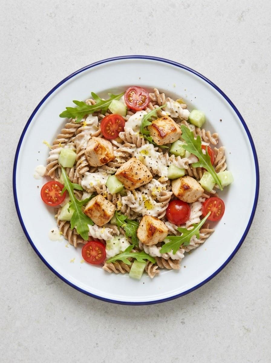 Eiwitrijke pastasalade met kip en kwark