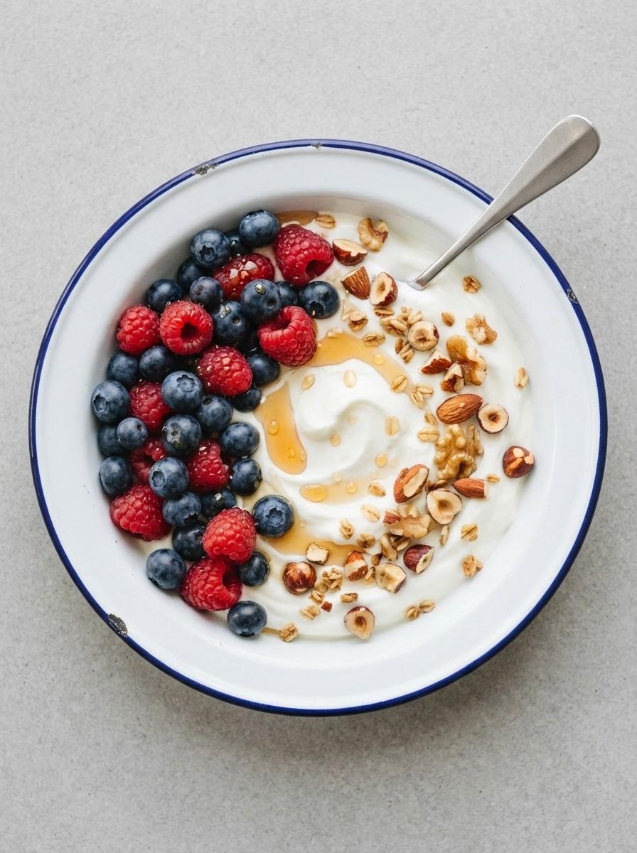 Eiwitrijke yoghurtbowl met noten en bessen