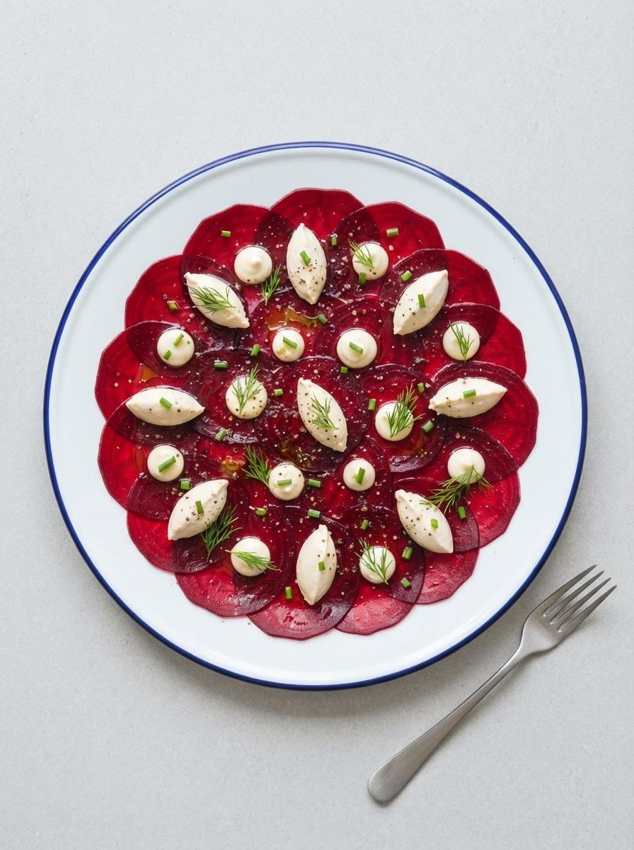 Vegan bietencarpaccio met vegan geitenkaas