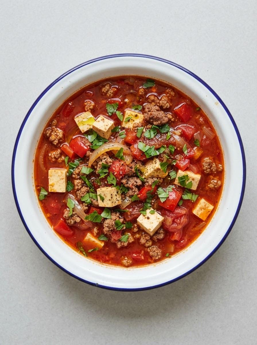 Eiwitrijke goulashsoep met rundergehakt en tofu