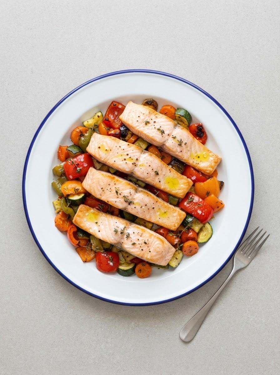 Caloriearme zalm met geroosterde groenten