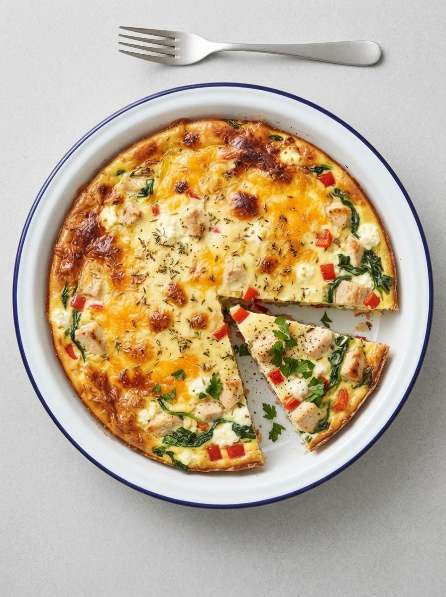 Eiwitrijke quiche zonder bodem met kip en hüttenkäse