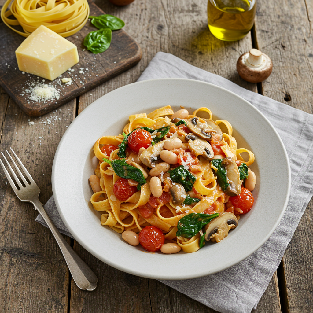 Tagliatelle met paddenstoelen, tomatenmiso en Parmezaanse kaas
