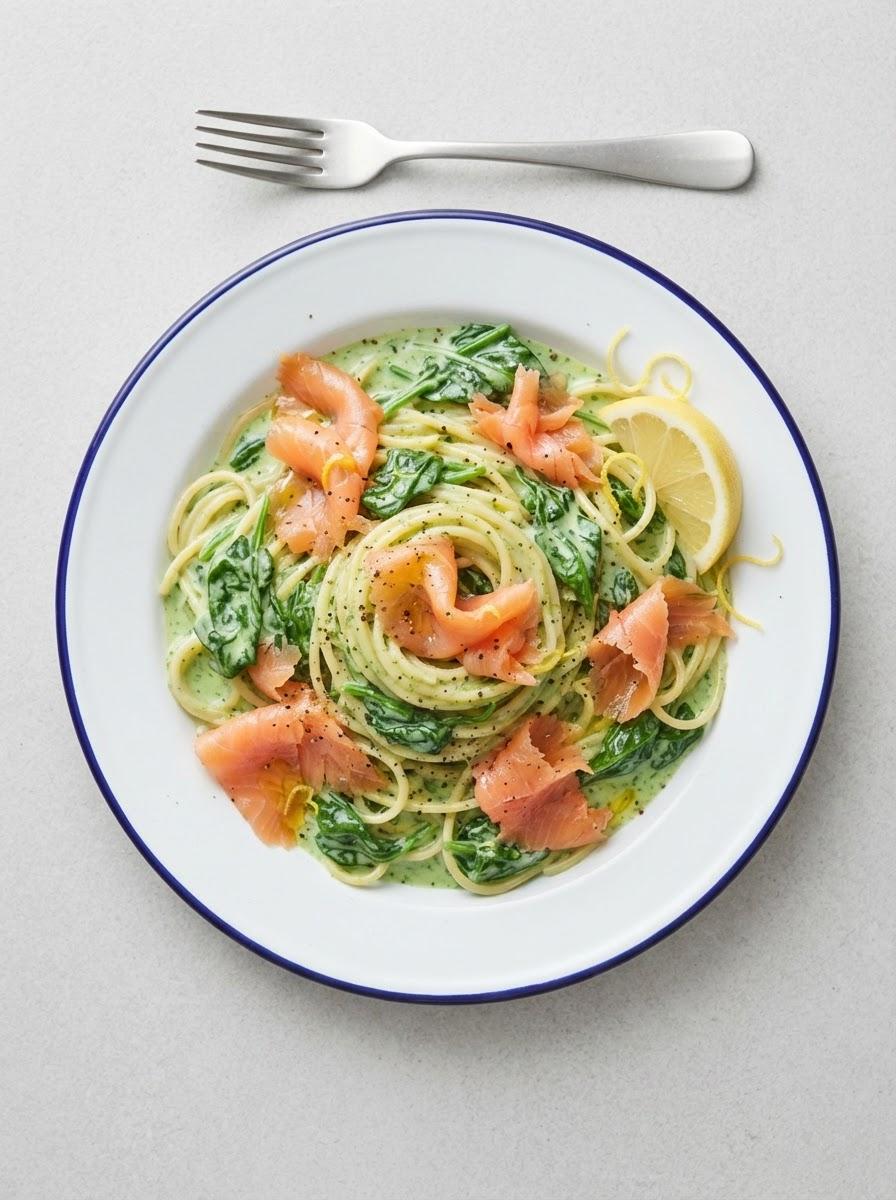 Snelle pasta met spinazie en zalm