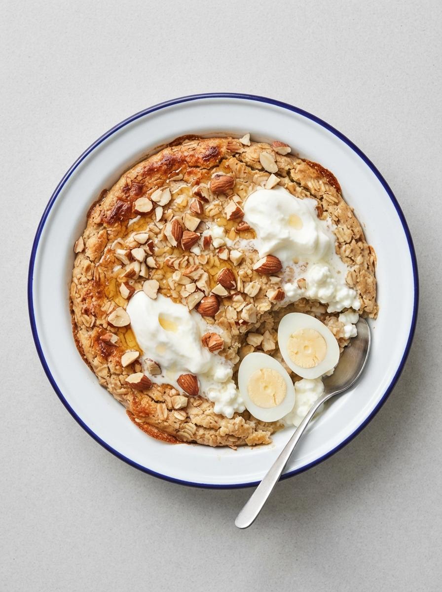 Eiwitrijke baked oats met Griekse yoghurt en hüttenkäse