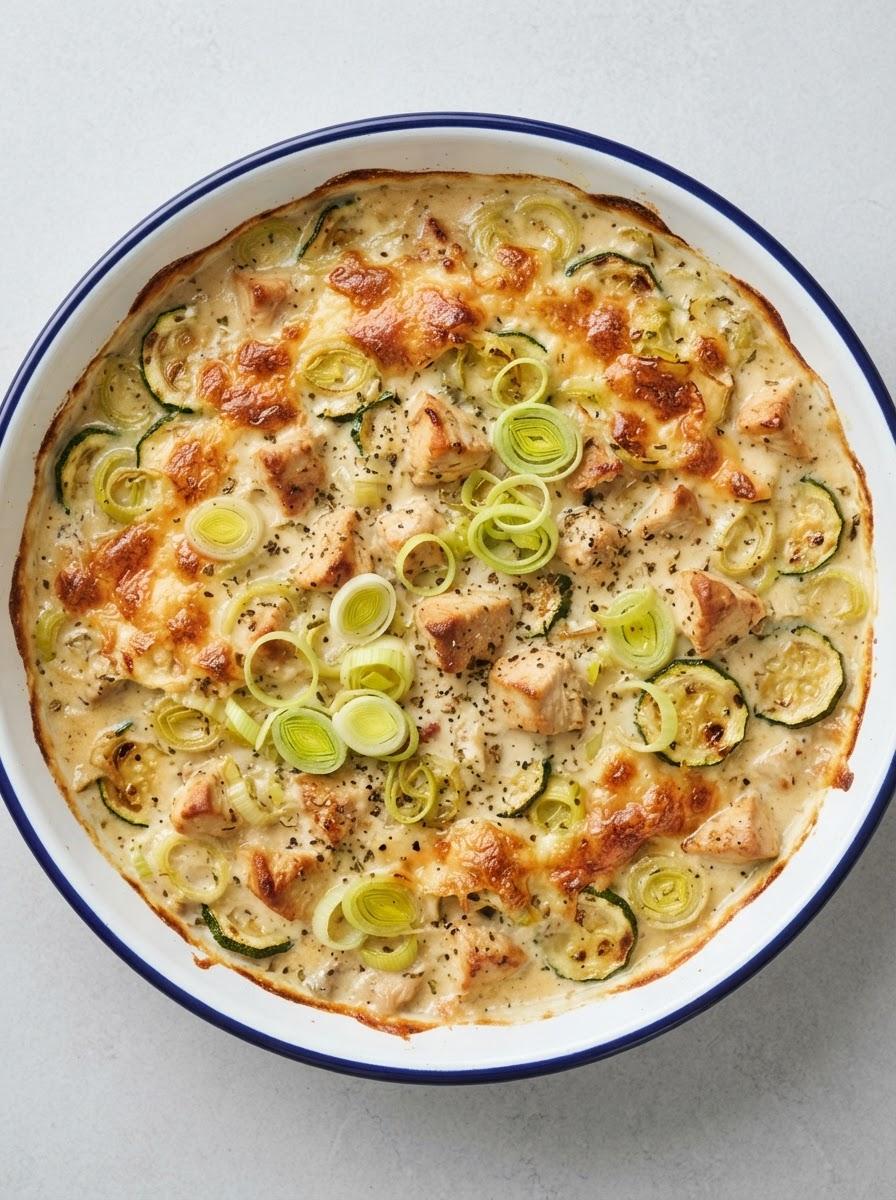Koolhydraatarme ovenschotel met kip, prei en courgette