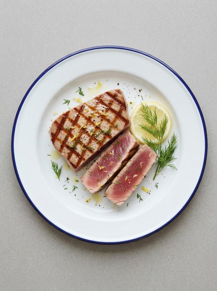 Eiwitrijke gegrilde tonijnsteak met citroen en dille