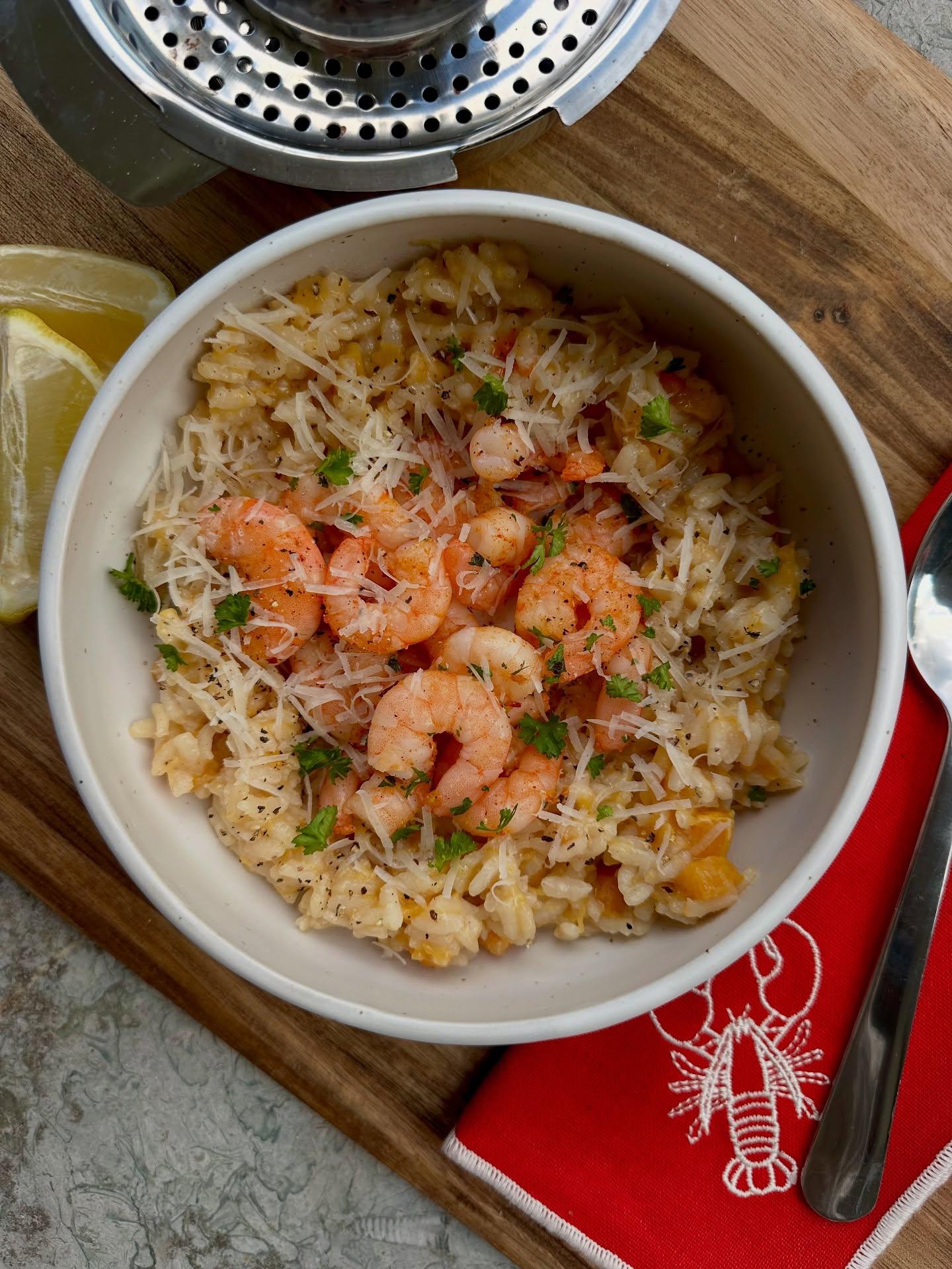 Risotto met garnalen en pompoen