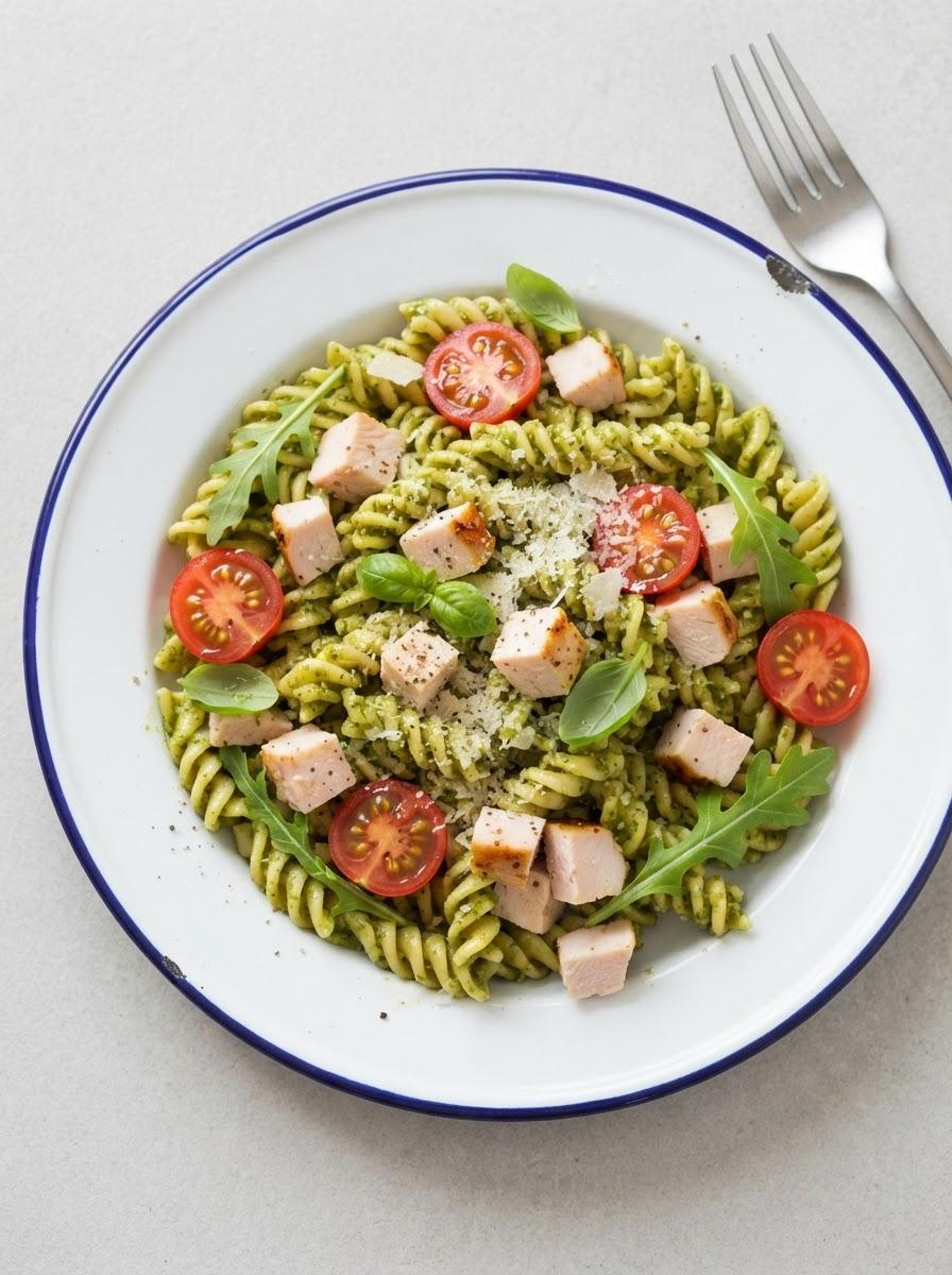 Snelle pastasalade met kip en pesto
