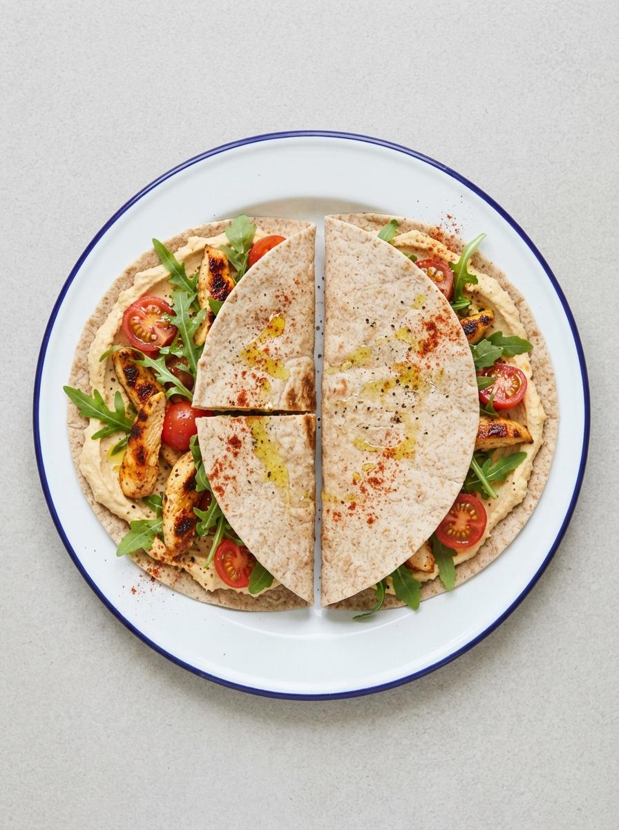 Eiwitrijke flatbread met kip en hummus