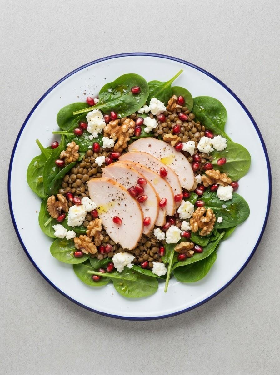 Eiwitrijke winterse maaltijdsalade met gerookte kip en linzen