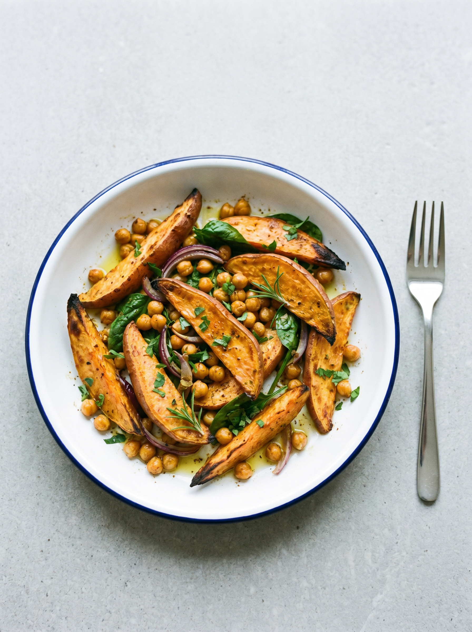 Zoete aardappel en kikkererwten traybake