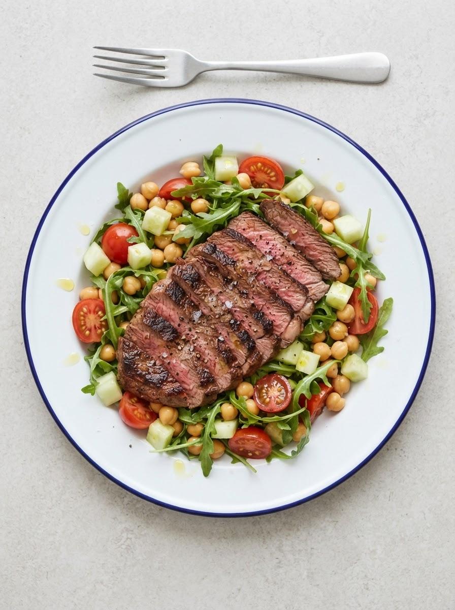 Eiwitrijke biefstuksalade met kikkererwten