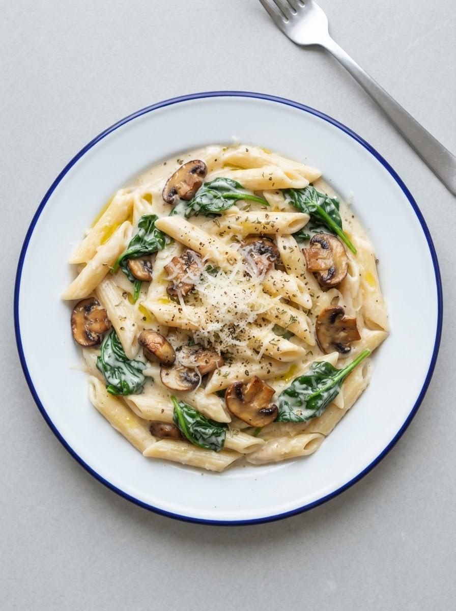 Vegetarische eenpanspasta met champignons en spinazie