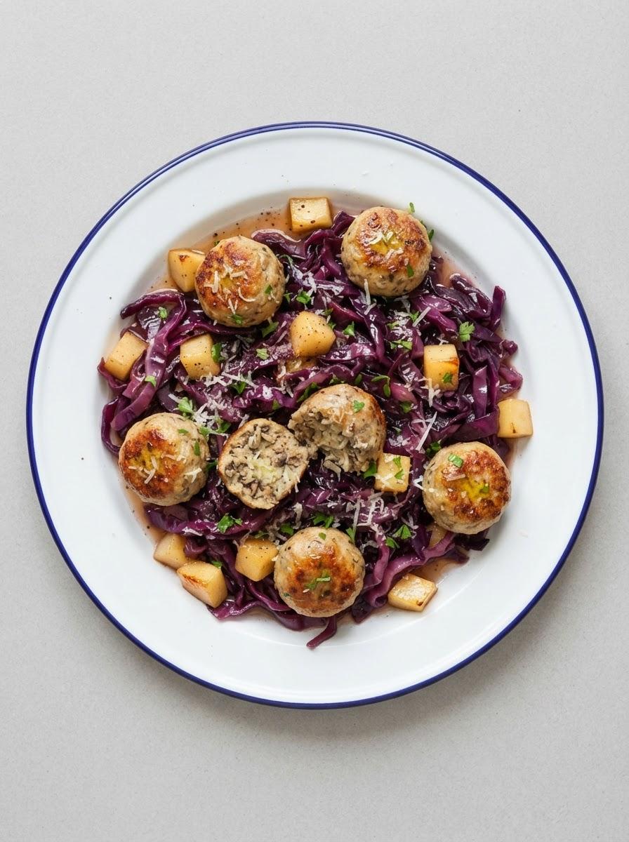 Vegetarische rode kool met appel en balletjes