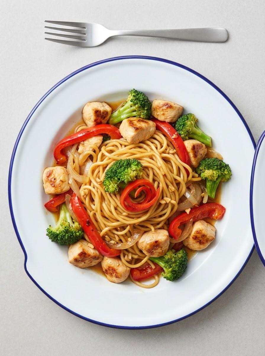 Snelle kipfilet met groenten en noedels