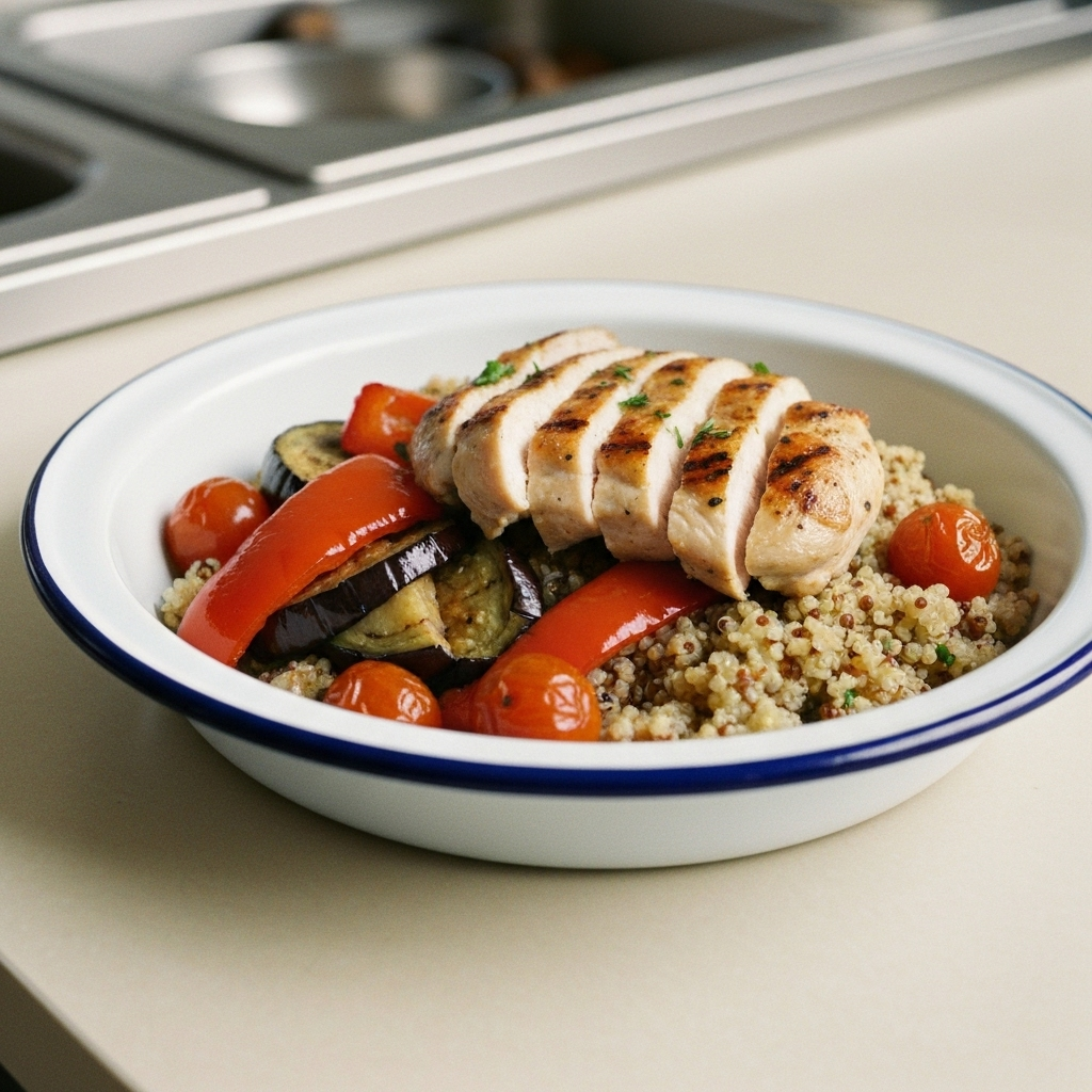 Mediterrane kip met quinoa en geroosterde aubergine