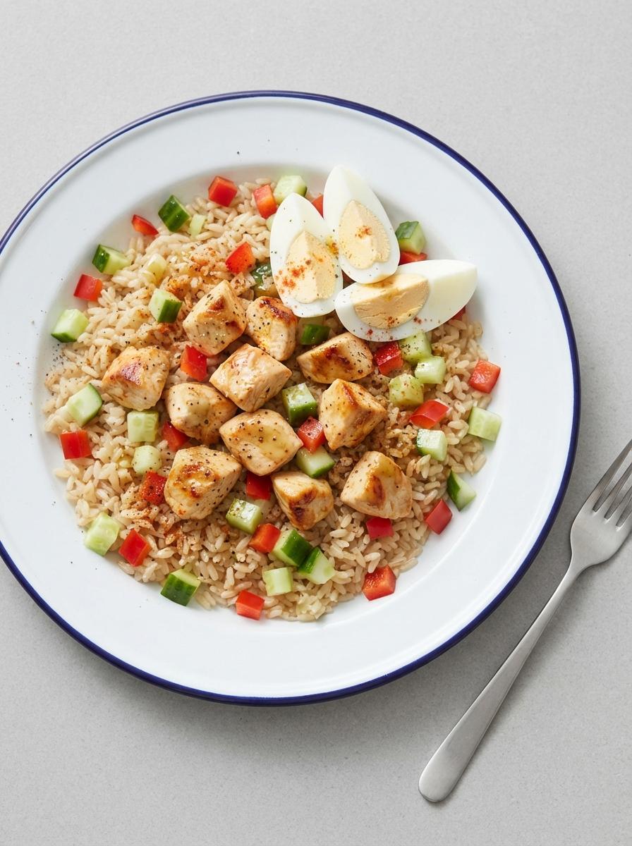 Eiwitrijke rijstsalade met kip en ei