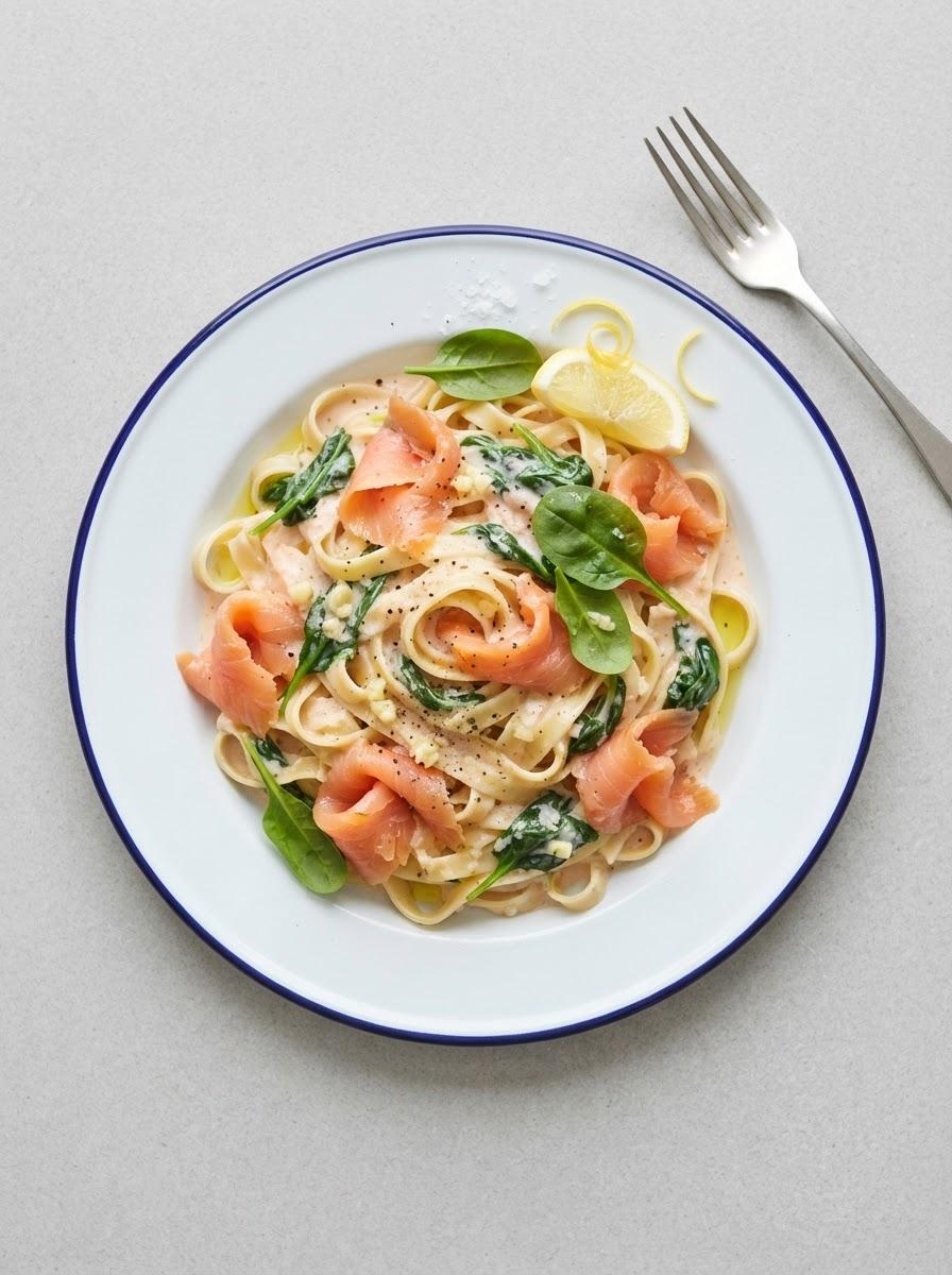 Snelle pasta met gerookte zalm en spinazie