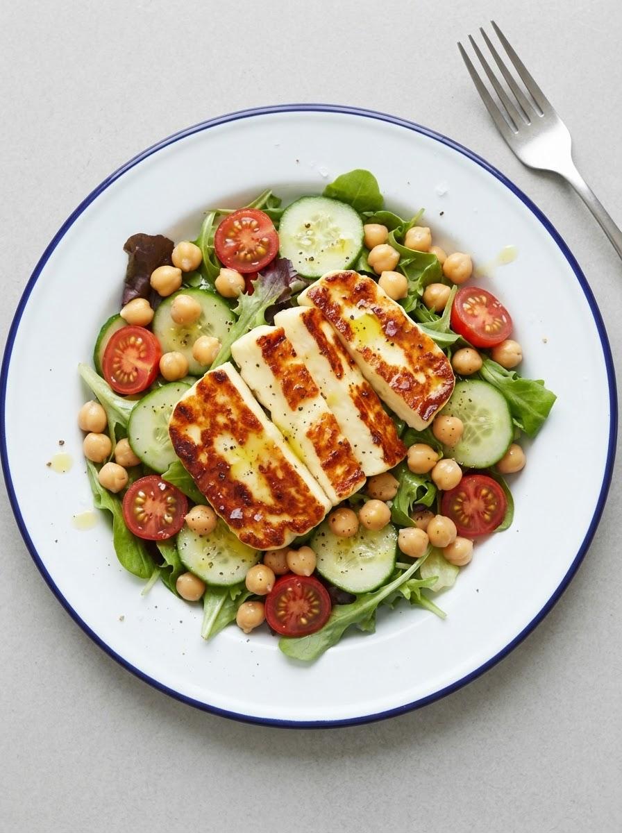 Eiwitrijke salade met gegrilde halloumi