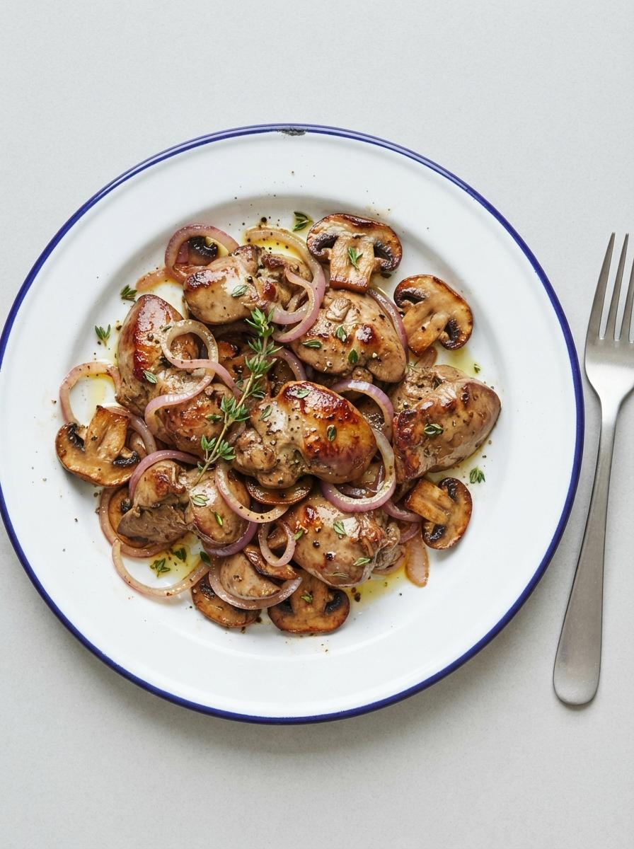 Eiwitrijke gebakken kippenlevertjes met champignons