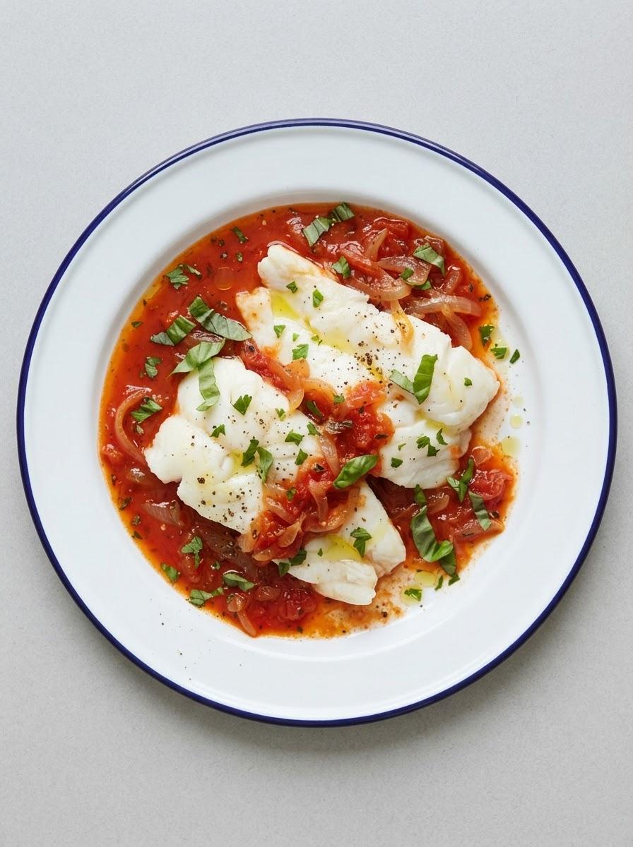 Eiwitrijke witvis in tomatensaus