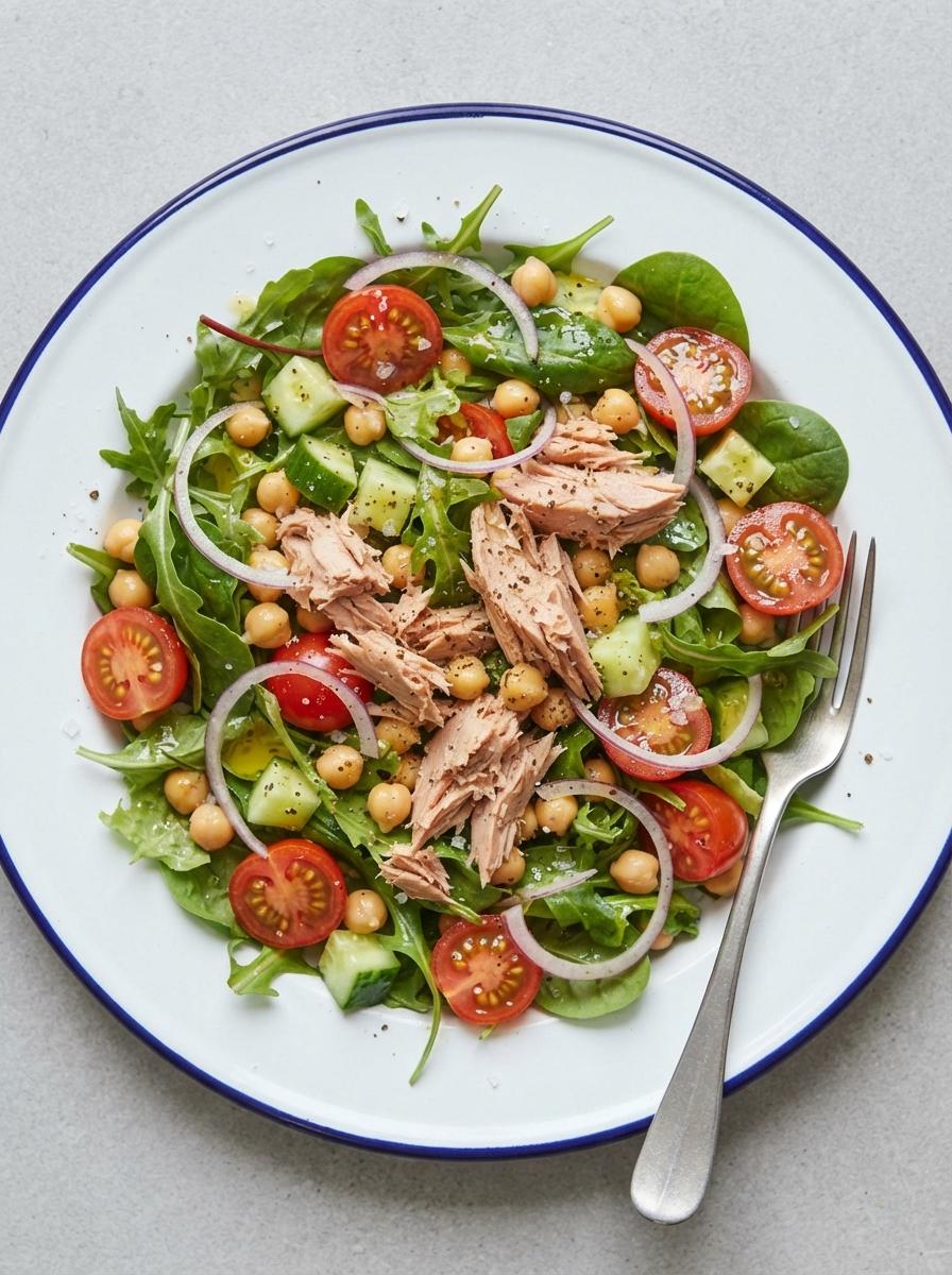 Eiwitrijke maaltijdsalade met tonijn en kikkererwten