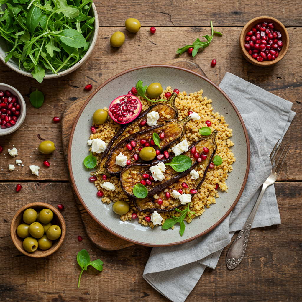 Aubergines in kaneel met feta, olijven & bulgur
