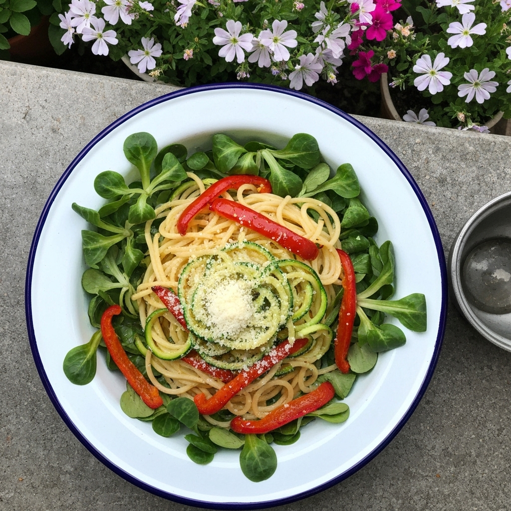 Courgette-citroenspaghetti met veldsla