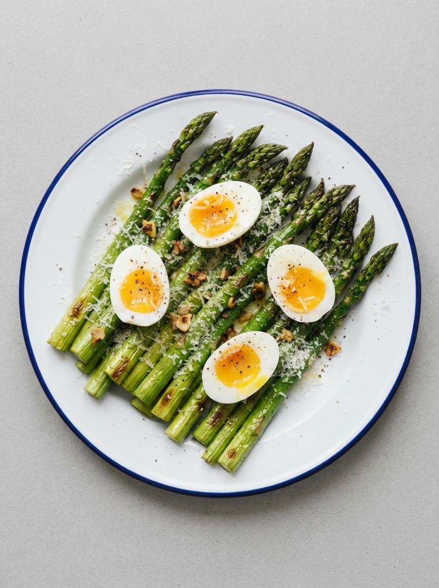 Vegetarische groene asperges uit de oven met ei