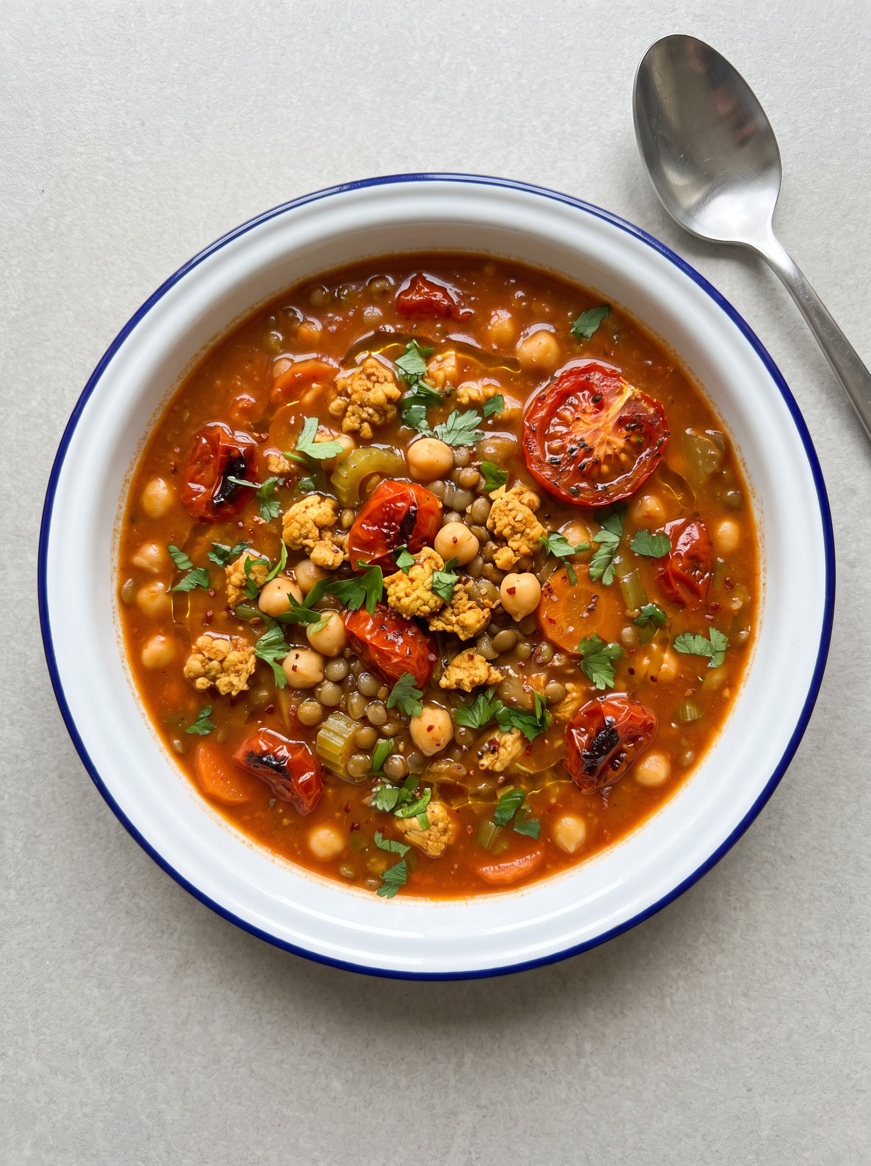 Marokkaanse rijke harira met kipgehakt en geroosterde tomaten