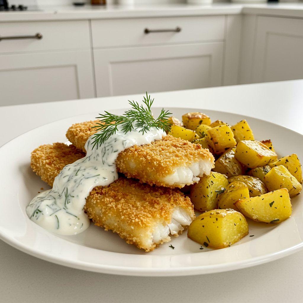 Knapperige Kabeljauw met Yoghurt-Dille Saus en Gouden Aardappeltjes