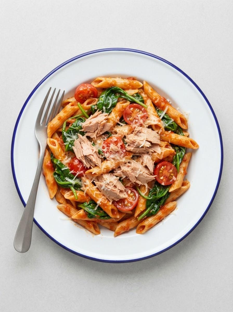 Snelle pasta met tonijn en spinazie