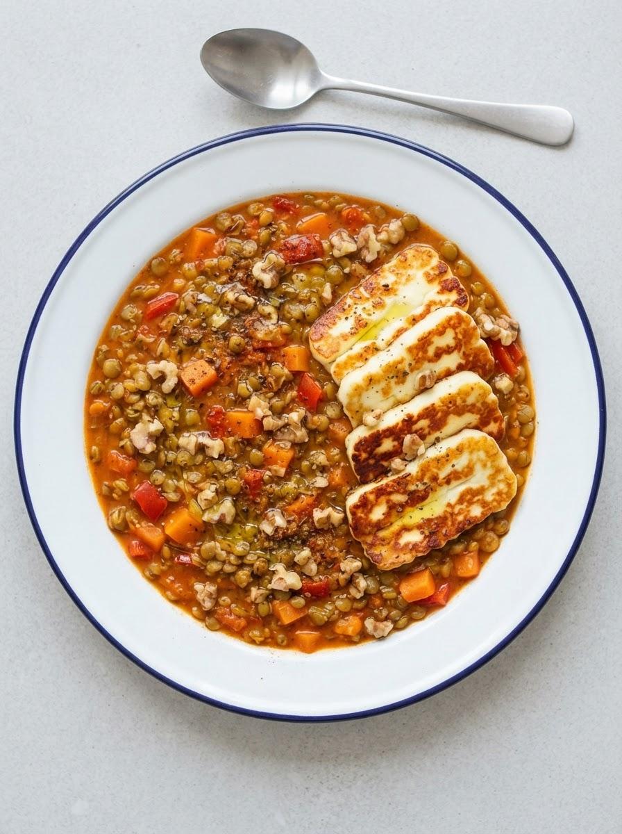 Vegetarisch linzenstoofpotje met halloumi