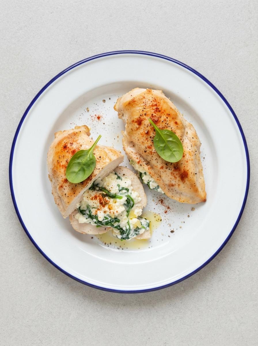 Eiwitrijke gevulde kipfilet met spinazie en hüttenkäse