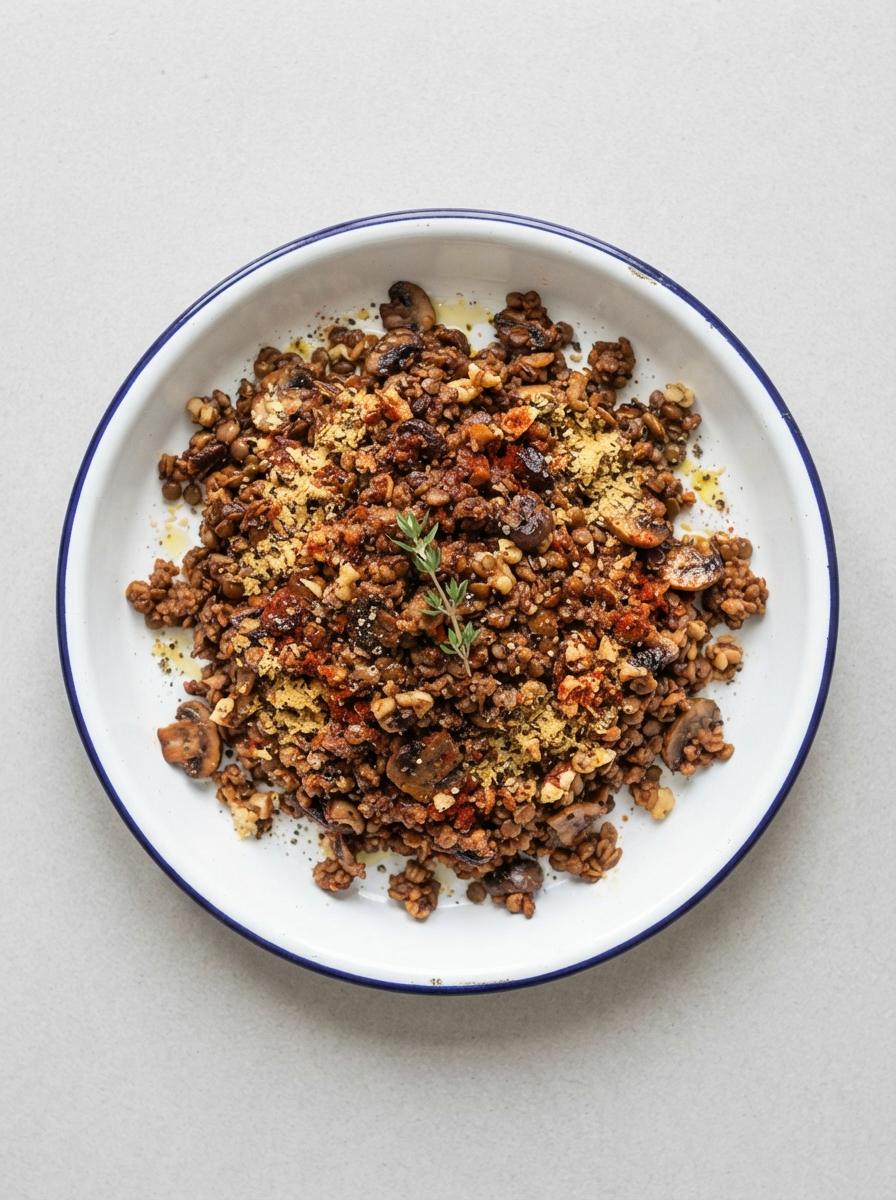 Vegan gehakt van linzen en champignons