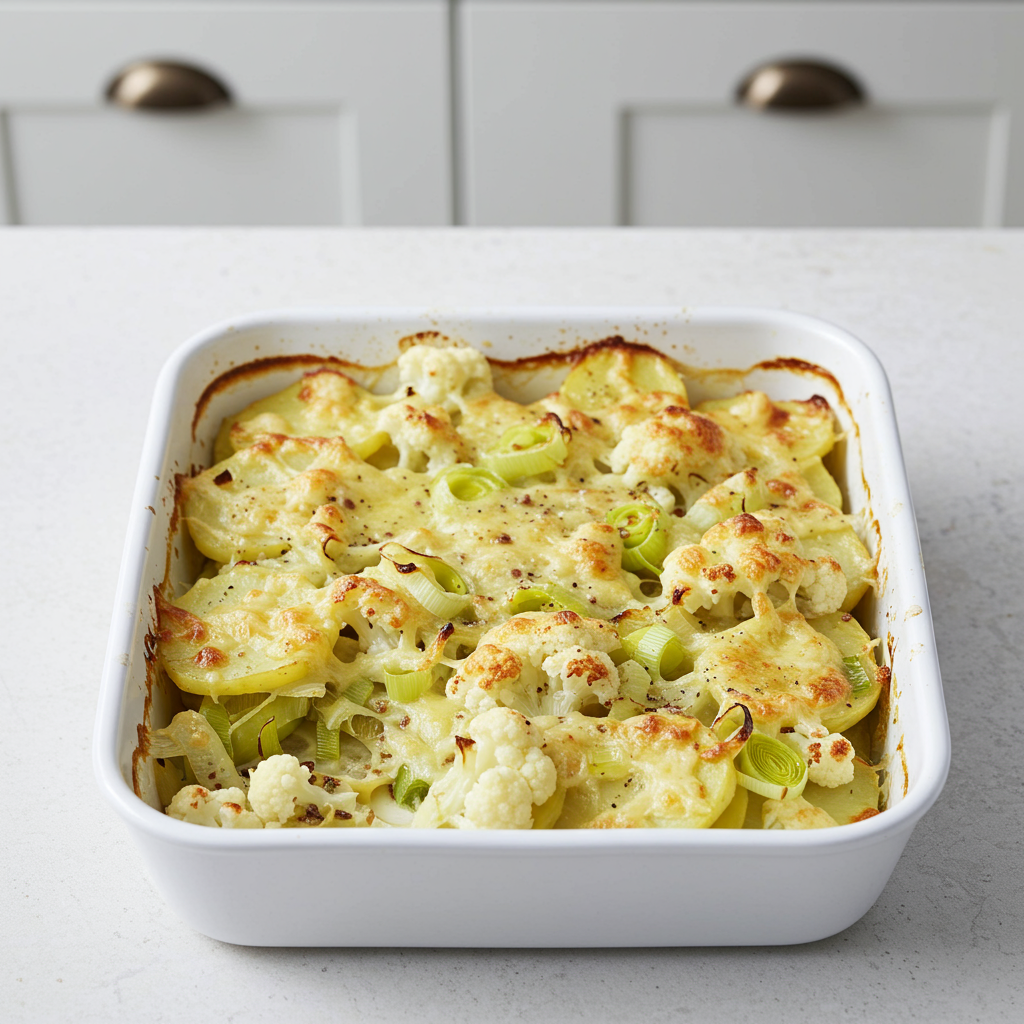 Bloemkool-prei ovenschotel met kaas en aardappel