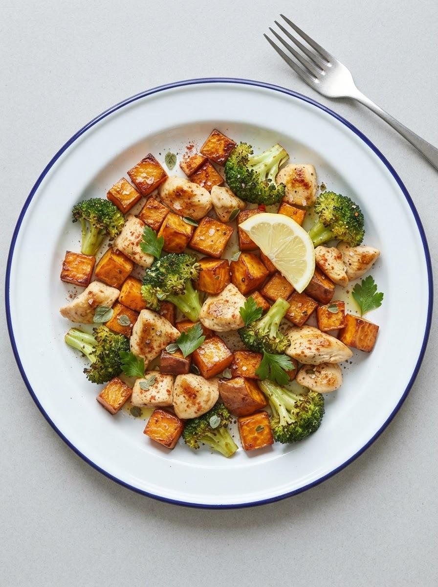 Caloriearme zoete aardappel en kip traybake