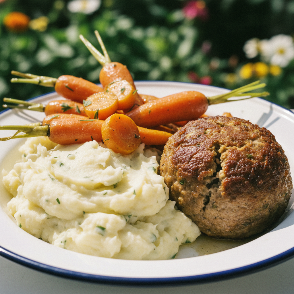 Pommes de terre, boulette de viande farcie aux asperges, carottes rôties et topping aux herbes