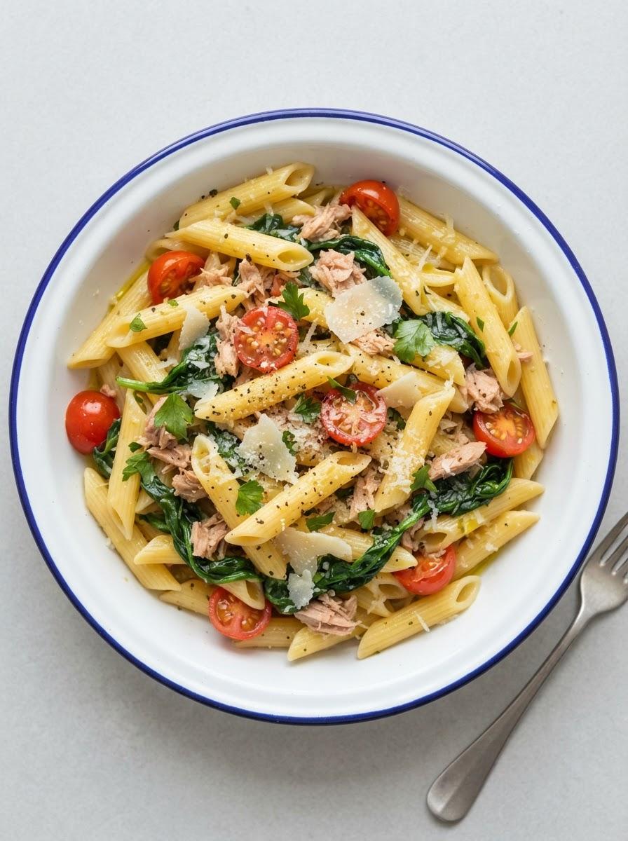 Snelle pasta met tonijn en spinazie