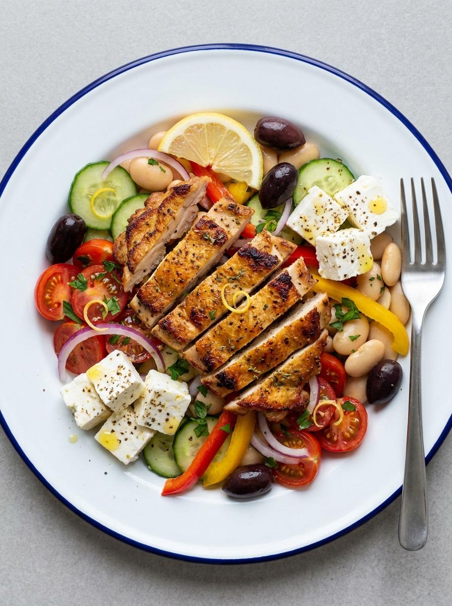 Griekse salade met crispy kippendijtjes