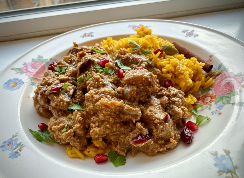 Vegetarische Perzische Stoof met Aubergine, Walnoten & Gouden Rijst